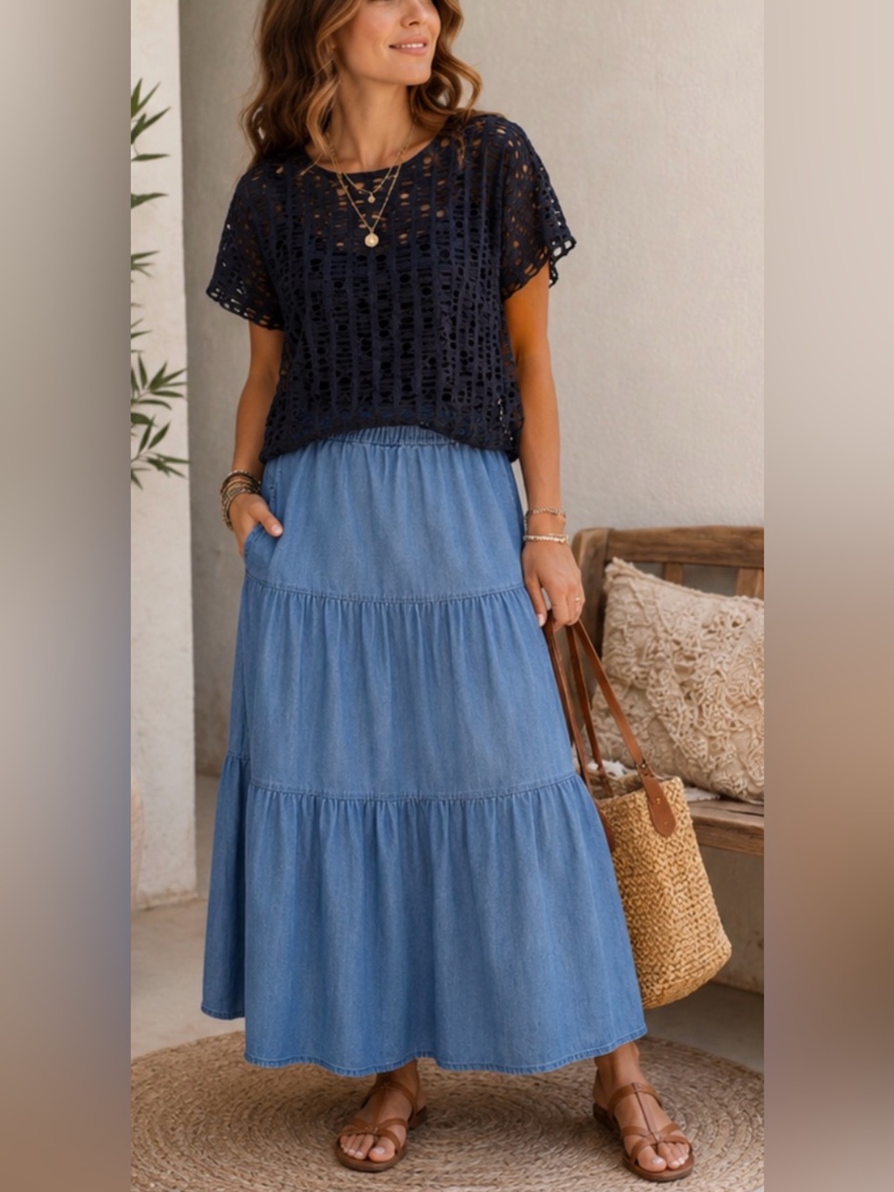 Tiered Chambray Medium Blue Midi Skirt - Picture 10 of 16
